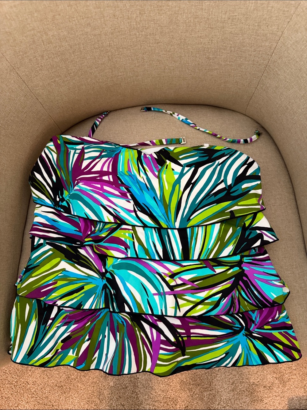Tropical Print Strapless Ruffle Swim Top - Teal, Purple, Green